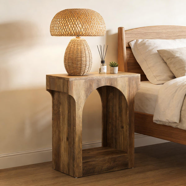 English Elm Modern Two Tier End Table Black Metal Frame Wood Grain Surface for Living Room T3971P451640