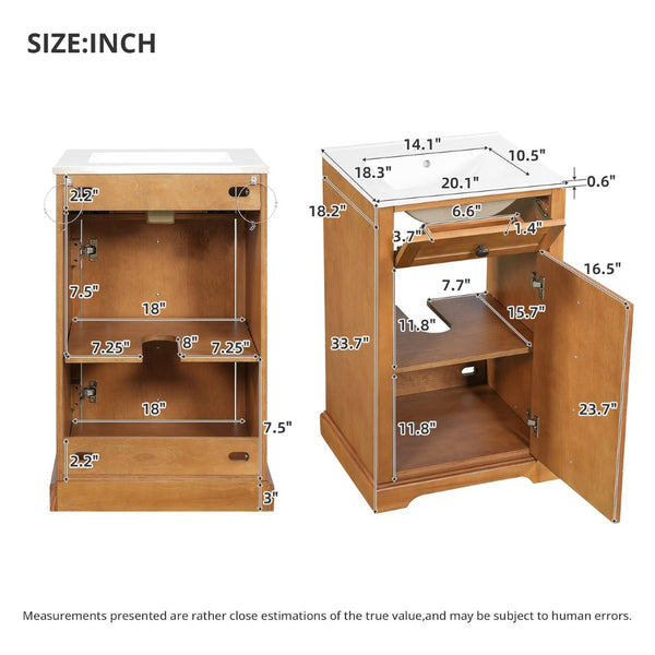 English Elm 20" Pine Wood Grain Bathroom Vanity with Ceramic Sink and Soft Close Cabinet Door N710P299454P