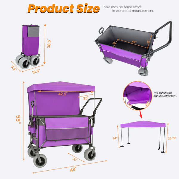 English Elm Multi-functional Folding Wagon with Canopy All Terrain Tires 480lb Steel Frame Outdoor Purple W2932P417650