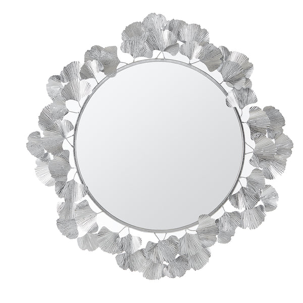 JLA Home Martha Stewart - Gingko Sculptural Round Wall Mirror 30.5" — Iron Gingko Leaf Frame, Three-Dimensional Botanical Focal Point Silver MT95F-0097