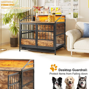 English Elm Multi-function Wooden Dog Crate with Rgb Led Storage Console for Large Breeds W840P291740