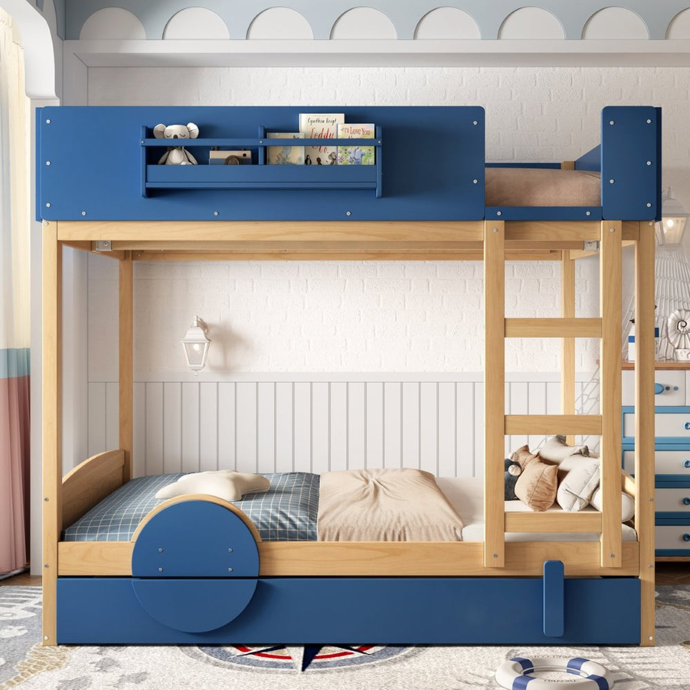 English Elm Full Bunk Bed with Trundle Bookshelf Storage Pine Frame Car Design for Kids Blue,Natural W1580S00445