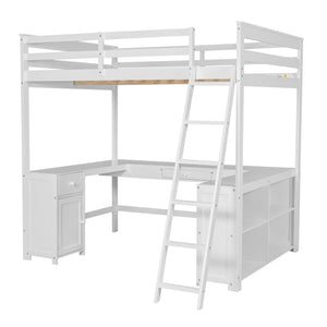English Elm Full Loft Bed with U-Shaped Workstation, Built-In Drawers, Shelves & Cabinet for Space Saving White GX001039AAK