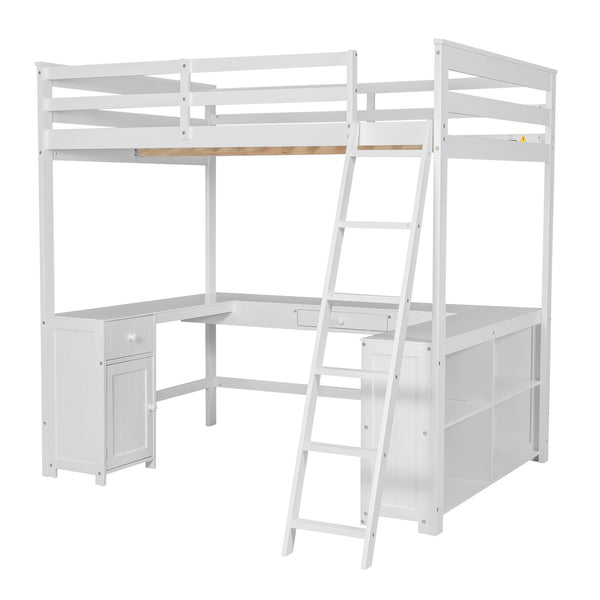 English Elm Full Loft Bed with U-Shaped Workstation, Built-In Drawers, Shelves & Cabinet for Space Saving White GX001039AAK