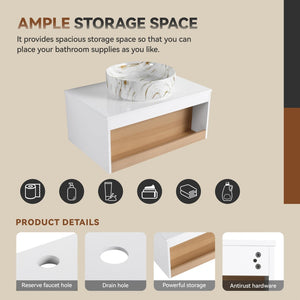 English Elm 30" Floating Wall Mount Bathroom Vanity Open Shelf Ceramic Vessel Sink Modern White Gold+White,White + Light Oak W3450S00058