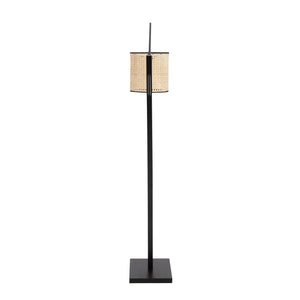 English Elm Arturo Contemporary Floor Lamp: Black Wood & Steel With Woven Rattan Shade For Cozy Illumination B202S01386