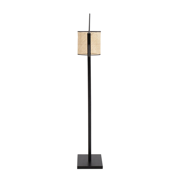 English Elm Arturo Contemporary Floor Lamp: Black Wood & Steel With Woven Rattan Shade For Cozy Illumination B202S01386
