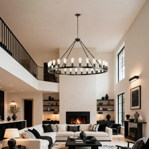 English Elm 53.15 Inch Wagon Wheel Chandelier Matte Black 18 Light Farmhouse Industrial Large Room W5008P389306