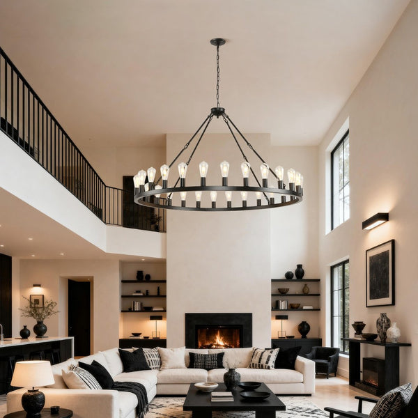 English Elm 53.15 Inch Wagon Wheel Chandelier Matte Black 18 Light Farmhouse Industrial Large Room W5008P389306