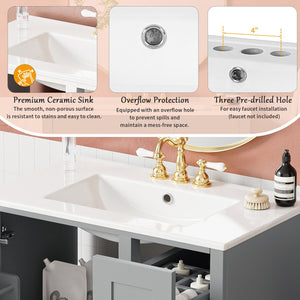 English Elm 30-inch Modern Bathroom Vanity with Ceramic Basin, Rubberwood Frame, Soft-Close Drawers & Organized Storage Grey N729P290689E