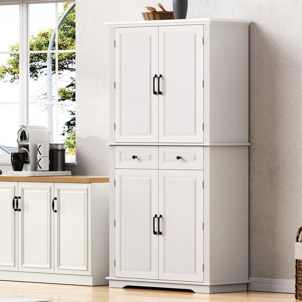 English Elm K&K 71" Tall Farmhouse Pantry Cabinet with Groove Edges, 3 Pull-Out Organizers, 6 Door Shelves White N707P256507W