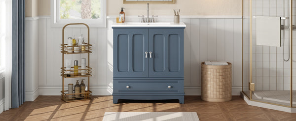 English Elm 30" Modern Bathroom Vanity with Ceramic Sink, Solid Wood Frame, Soft-Close Drawer & Adjustable Shelf Blue N710P293306C