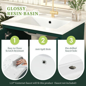 English Elm 24'' Retro Green Bathroom Vanity with Glossy Resin Basin, Solid Wood Feet, Soft-Close Doors, Ample Storage, Metal Handles (Modern) WF324870AAF