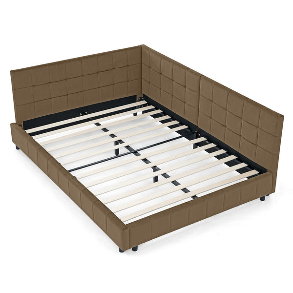 English Elm Full Upholstery Bed Frame with Tufted Velvet Sofa-Style Backrest and Armrests, Sturdy 500lb Capacity Brown W487S00294