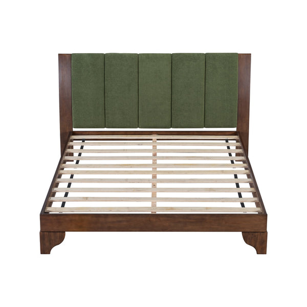 English Elm Christopher Knight Home® - Premium Pine Wood Queen Bed Frame - Mid-Century Modern Design With Upholstered Headboard & Green Accents N770P345991D_N770P345992D