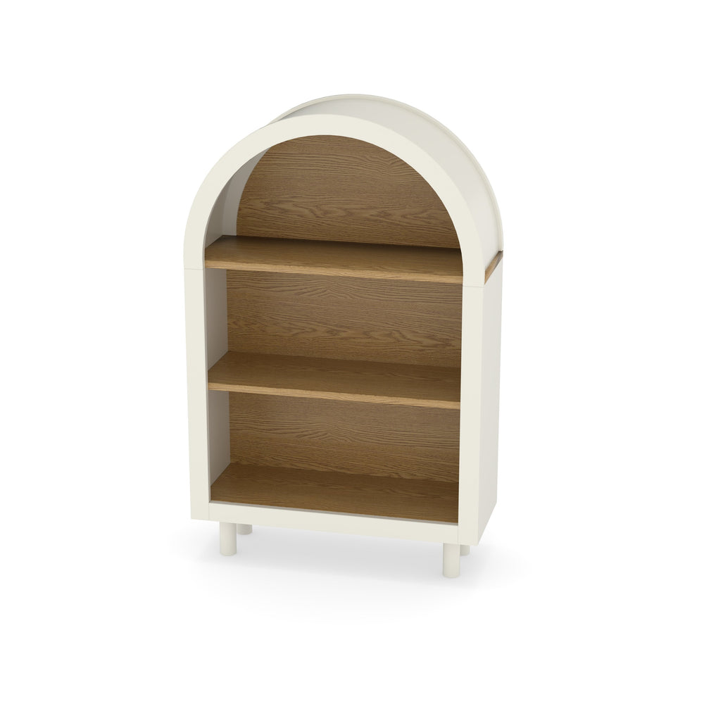 English Elm Arched White & Woodgrain Bookcase with 3 Shelves — Elegant Arched Top, Solid Wood Legs, Versatile Storage W2557P331018