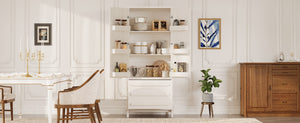 English Elm 70" Tall Pantry Cabinet Rubberwood Legs Three Drawers Six Door Shelves Kitchen Storage White N762P326960K