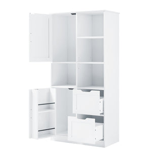 English Elm Bathroom Tall Storage Cabinet with Doors, 2 Drawers, Adjustable Shelf, Anti-Tip, MDF White, Sleek Handles WF530559AAK