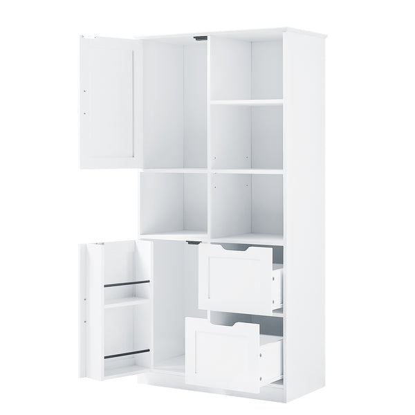 English Elm Bathroom Tall Storage Cabinet with Doors, 2 Drawers, Adjustable Shelf, Anti-Tip, MDF White, Sleek Handles WF530559AAK