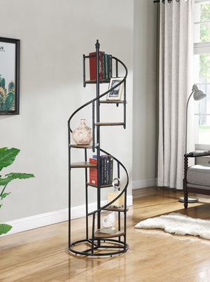 English Elm 69-inch Spiral 8-Shelf Bookcase, Rustic Black Metal Frame with Warm Wood Triangular Shelves, Industrial Accent Piece B016P381094
