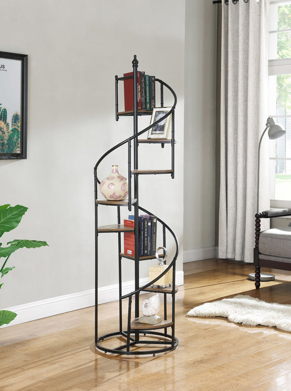 English Elm 69-inch Spiral 8-Shelf Bookcase, Rustic Black Metal Frame with Warm Wood Triangular Shelves, Industrial Accent Piece B016P381094