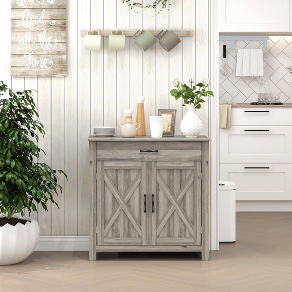 English Elm HOMCOM Rustic Farmhouse Sideboard Buffet Cabinet with Barn Doors, Drawer & Adjustable Shelves for Entryway Gray Wash W2225P229124