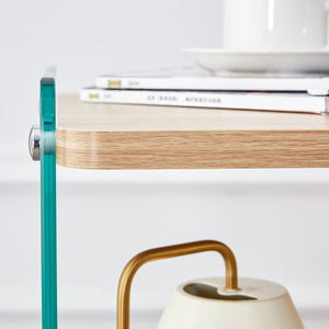 English Elm Three Triple-Layer Bedside Table with MDF Top & Tempered Glass Legs, Storage, Minimalist Warmth W1512P387008