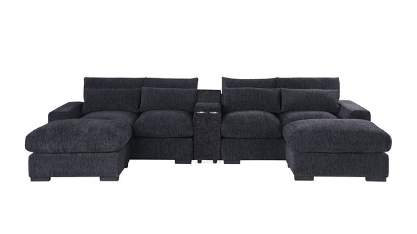 English Elm Nyeisha Flannel Velvet Sectional Sofa with Chaise Usb Ports and Built-in Console Dark Gray B102S00074