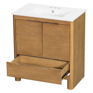 English Elm [video] 30 Inch Freestanding Bathroom Vanity Pine Legs Ceramic Sink Soft Close Storage Natural N759P412928N