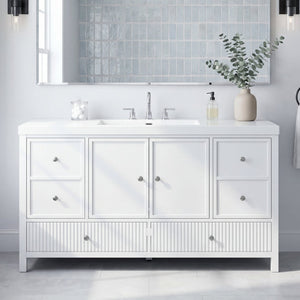 English Elm 60" Freestanding Bathroom Vanity Fluted Fronts Soft Close Drawers Drop-in Sink White N817P404100W
