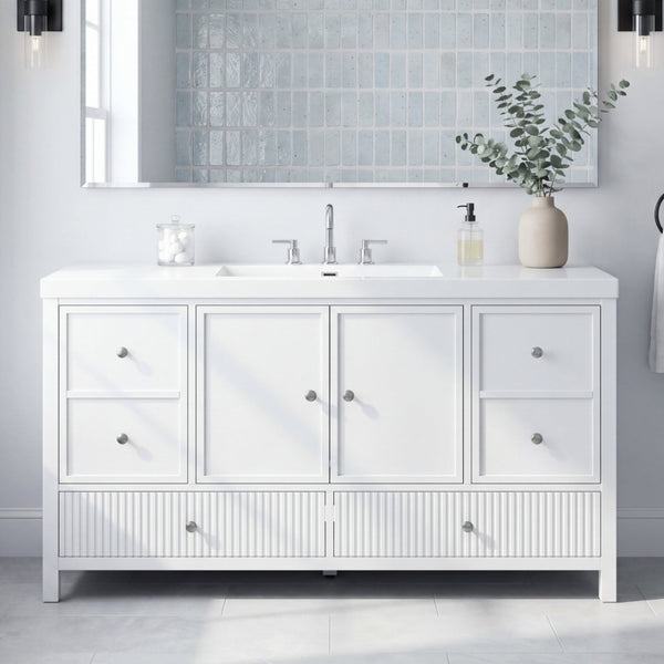 English Elm 60" Freestanding Bathroom Vanity Fluted Fronts Soft Close Drawers Drop-in Sink White N817P404100W