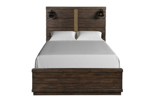 English Elm King Industrial Farmhouse Bed with Built-In Bluetooth Speakers, USB Charging and LED Reading Lights Brown 84 L x 48 W x 12.5 H B2699S00036