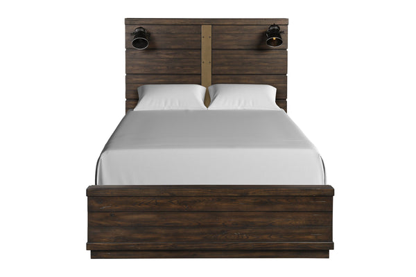 English Elm Queen Industrial Farmhouse Panel Bed with Built-In Bluetooth Speakers, USB Ports & LED Reading Lights Brown 87 L x 10 W x 4.25 H B2699S00035