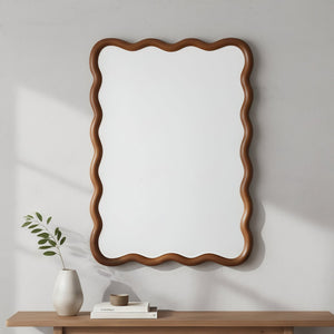 English Elm Black Walnut Solid Wood Wavy Round Mirror Sculptural Bohemian Wall Accent 30 Inch W2203P455235