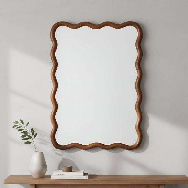 English Elm Black Walnut Solid Wood Wavy Round Mirror Sculptural Bohemian Wall Accent 30 Inch W2203P455235