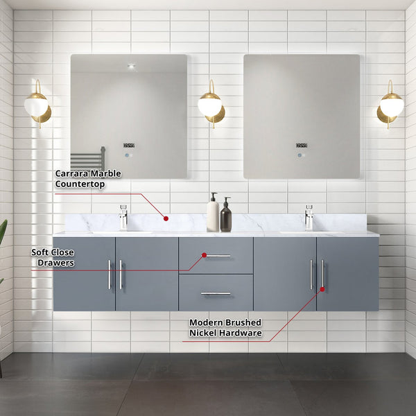 English Elm Dark Grey Double Bath Vanity 80 in W x 22 in D with Carrara Marble Top, Chrome Faucet, LED Mirrors B2731S01048