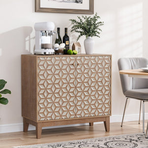 English Elm 31.5-inch Farmhouse Sideboard Geometric Doors Distressed Wood Finish Dining Storage Cabinet W1706P311104