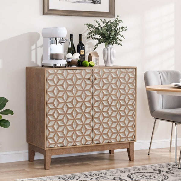 English Elm 31.5-inch Farmhouse Sideboard Geometric Doors Distressed Wood Finish Dining Storage Cabinet W1706P311104