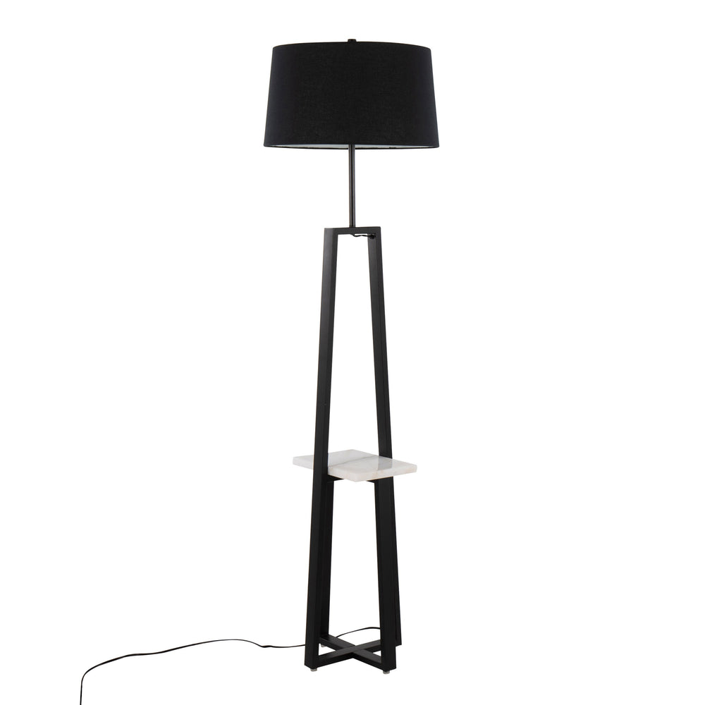 English Elm Cosmo Marble-Shelf Floor Lamp – Contemporary Glam Black Metal Frame, Black Linen Shade, LED Included B202S01378