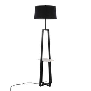 English Elm Cosmo Marble-Shelf Floor Lamp – Contemporary Glam Black Metal Frame, Black Linen Shade, LED Included B202S01378