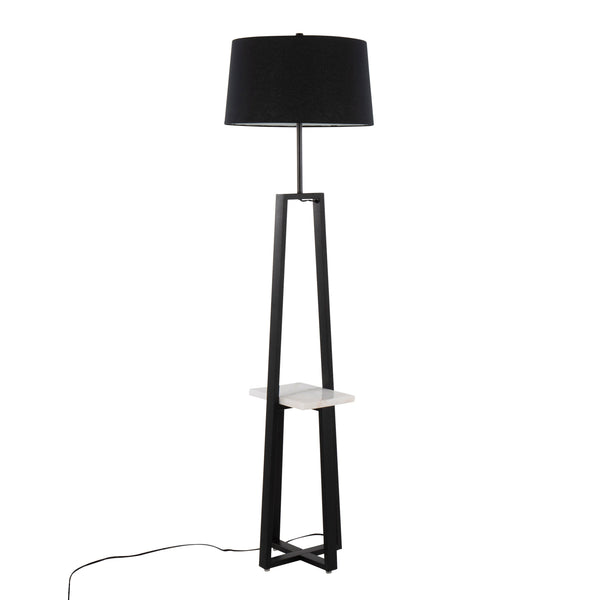 English Elm Cosmo Marble-Shelf Floor Lamp – Contemporary Glam Black Metal Frame, Black Linen Shade, LED Included B202S01378