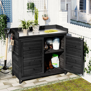 English Elm TOPMAX Rustic Fir Wood Potting Bench 39" with Galvanized Top, 2-Tier Shelves & Side Hooks, Black - Durable Garden Workstation N717P220218B