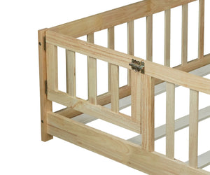 English Elm Full Size Rubber Wood Floor Bed with Surrounding Fence Door and Safety Guardrails W504P370522