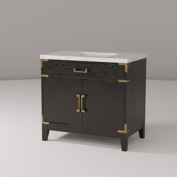 English Elm Black Oak Single Vanity 36" W With Premium Carrara Marble Top, Soft-Close Doors & Stylish Storage B2731P260909