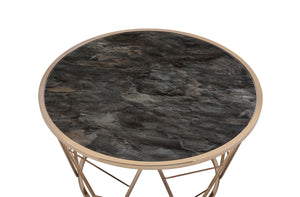 English Elm Cicatrix Round Glass Top Coffee Table with Champagne Metal Cone Base and Faux Black Marble Accent B2726P281465