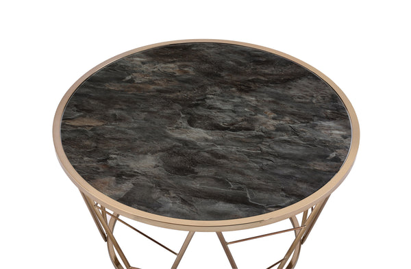 English Elm Cicatrix Round Glass Top Coffee Table with Champagne Metal Cone Base and Faux Black Marble Accent B2726P281465
