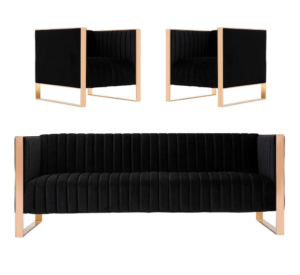 Manhattan Comfort Trillium Mid-Century Modern 3 Piece - Sofa and Arm Chair Set Black and Gold 3A-SS559-BK