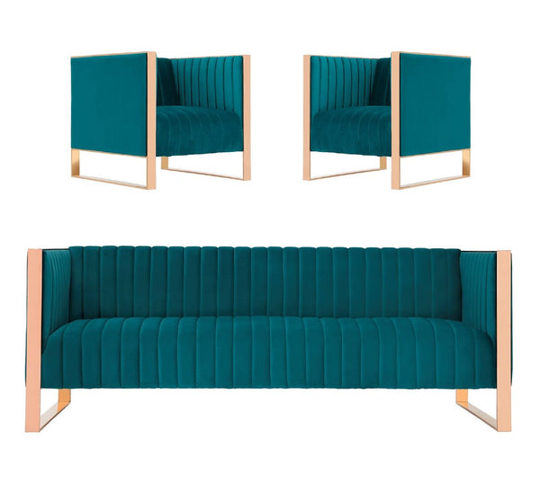 Manhattan Comfort Trillium Mid-Century Modern 3 Piece - Sofa and Arm Chair Set Teal and Gold 3A-SS559-TL