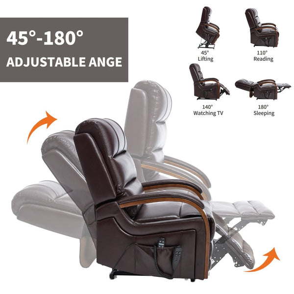 English Elm Power Lift Recliner with Dual Motor Heat Massage Wood Armrests Brown Leatheraire W1803S00080