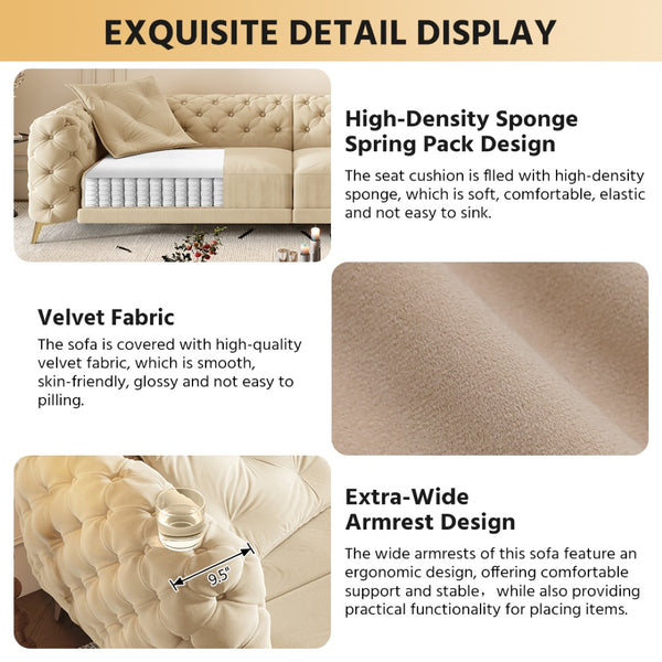 English Elm 97.6" Oversized Velvet Chesterfield Sleeper Sofa Floral Tufted Roll Arm Living Room Couch Apricot W1885S00201